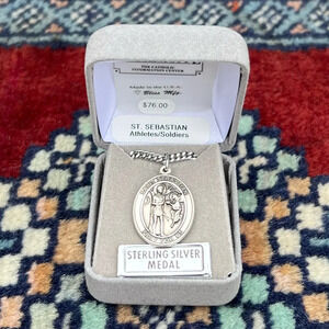 St. Sebastian Sterling Silver Religious Medal Necklace 24” Heavy Curb Chain